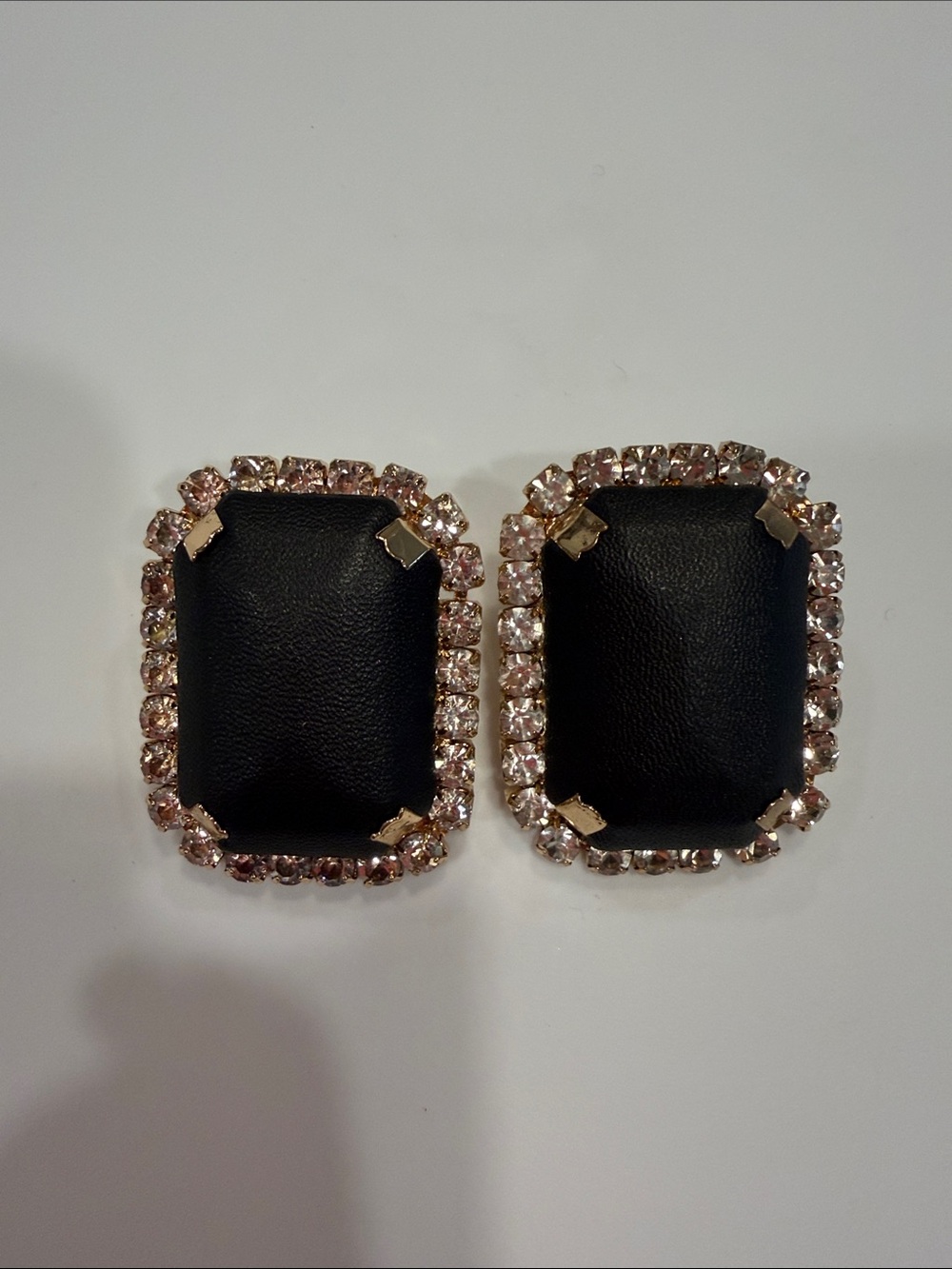 Black pleather Crystal-Trim Rectangular Earrings